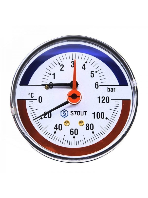 Термоманометр аксиальный (корпус Dn 80 мм, шкала 0-10 бар, 0-120°С, 1/2") с автоматическим запорным клапаном Stout