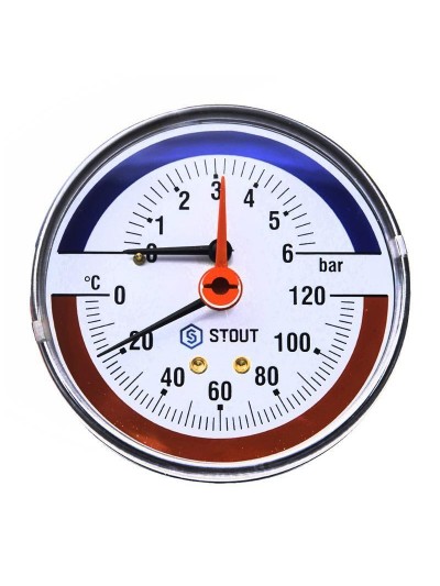 Термоманометр аксиальный (корпус Dn 80 мм, шкала 0-4 бар, 0-120°С, 1/2") с автоматическим запорным клапаном Stout